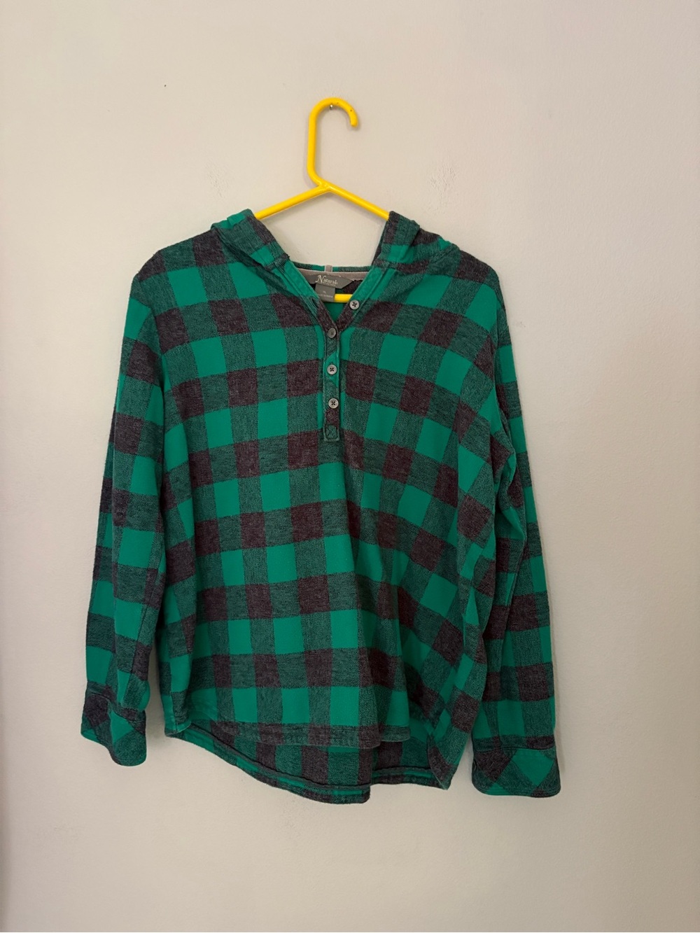Natural Reflections Hooded Buffalo Plaid Flannel Henley Pullover Green Black XL